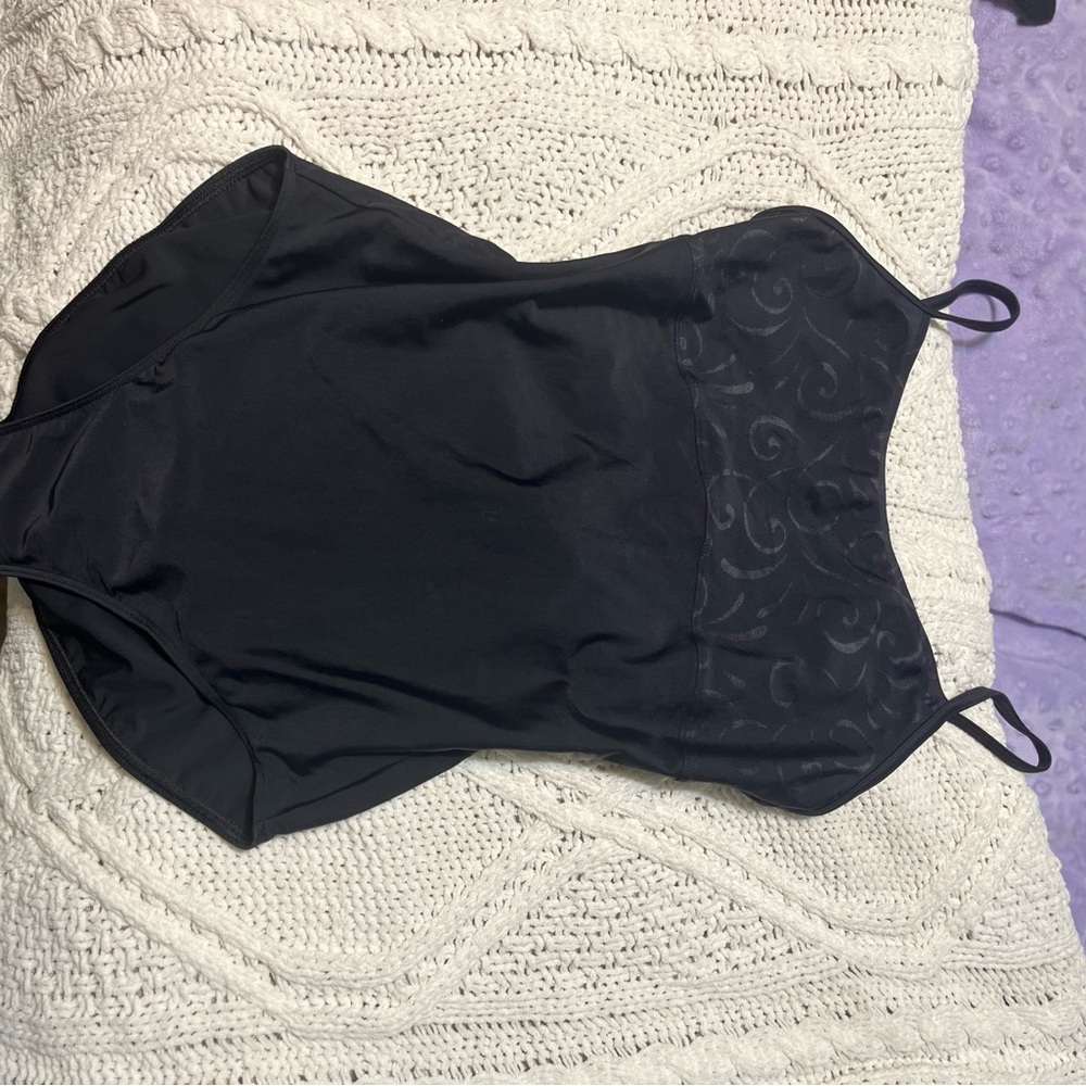Wear moi black camisole leotard with swirl design